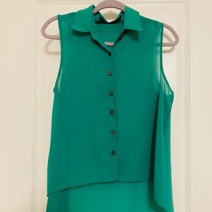 Sheer Green Sleeveless High Low Button Up Top